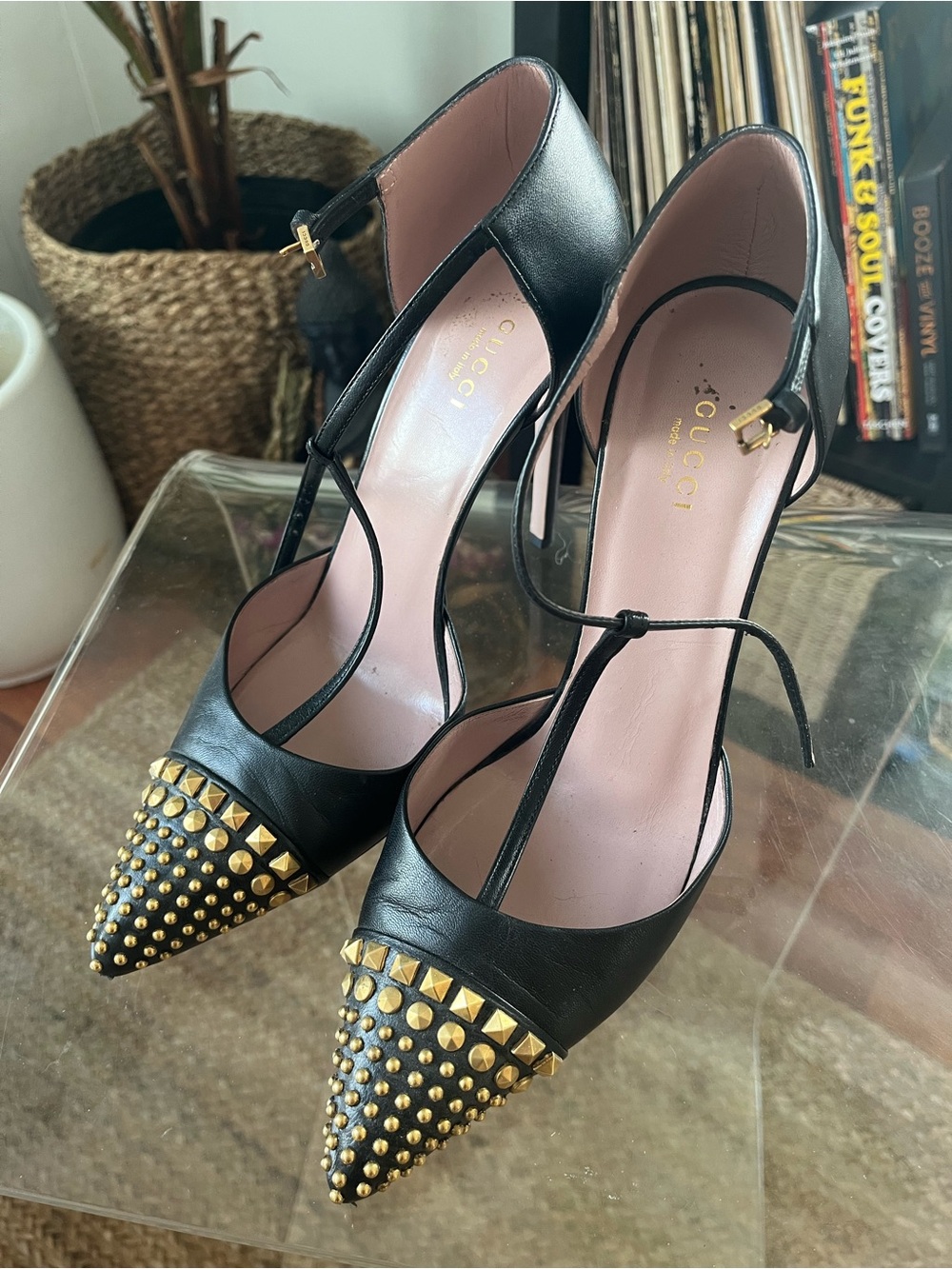 Gucci Black Leather Pointed- Toe T-Strap Pumps with Gold Stud Heels